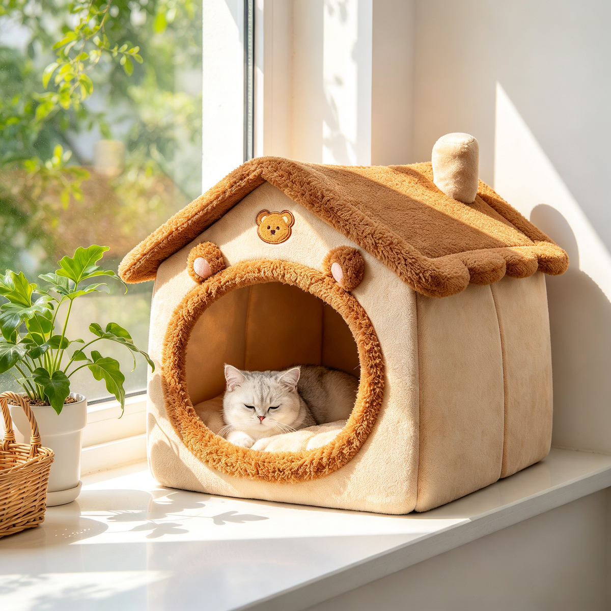 🐾 Plush Pet House Bed | Cozy Bear Design | Warm & Comfortable Cat Cave