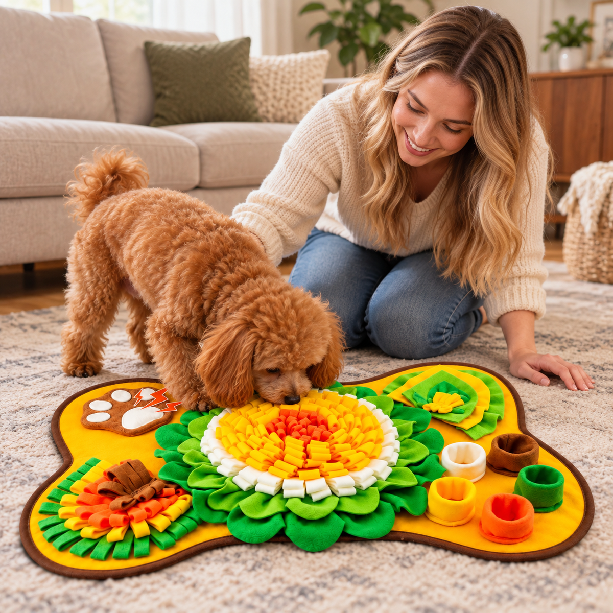 🌻 Interactive Dog Snuffle Mat | Soft Fleece Puzzle | Nosework Training & Treat-Finding Toy