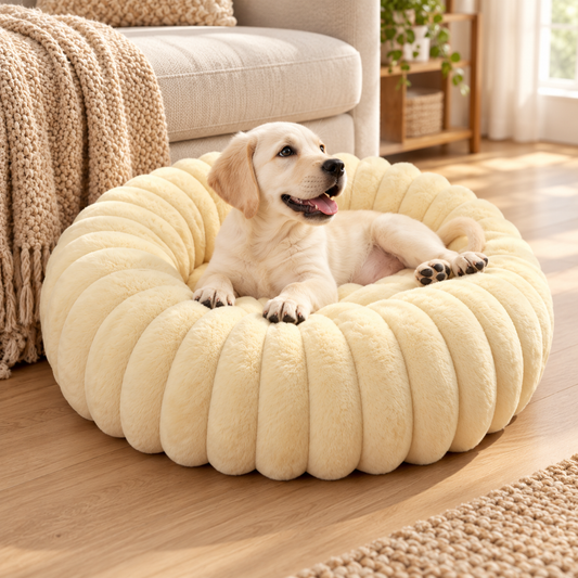 🐾 Plush Donut Pet Bed | Cream Fluffy Cat Bed | Cozy &amp; Comfortable Pet Nest