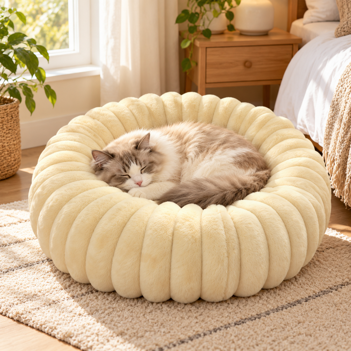 🐾 Plush Donut Pet Bed | Cream Fluffy Cat Bed | Cozy &amp; Comfortable Pet Nest