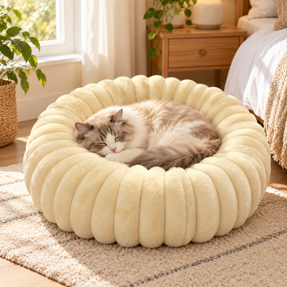 🐾 Plush Donut Pet Bed | Cream Fluffy Cat Bed | Cozy &amp; Comfortable Pet Nest