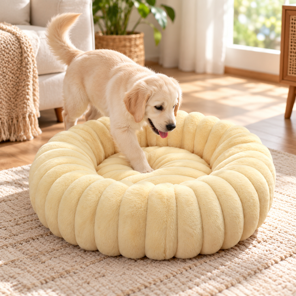 🐾 Plush Donut Pet Bed | Cream Fluffy Cat Bed | Cozy &amp; Comfortable Pet Nest