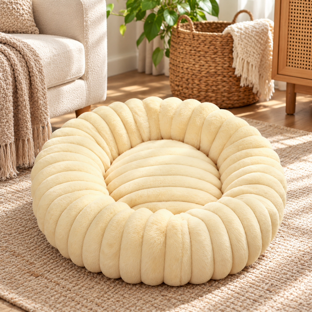 🐾 Plush Donut Pet Bed | Cream Fluffy Cat Bed | Cozy &amp; Comfortable Pet Nest