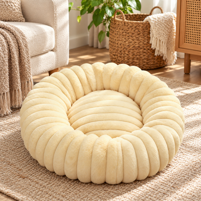 🐾 Plush Donut Pet Bed | Cream Fluffy Cat Bed | Cozy &amp; Comfortable Pet Nest