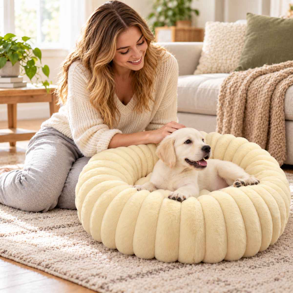 🐾 Plush Donut Pet Bed | Cream Fluffy Cat Bed | Cozy &amp; Comfortable Pet Nest
