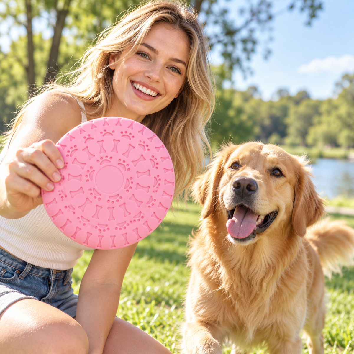 💗 Pink Dog Frisbee | Cute Paw Print &amp; Bone Design | Outdoor Interactive Dog Toy