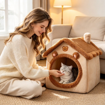 🐾 Plush Pet House Bed | Cozy Bear Design | Warm &amp; Comfortable Cat Cave