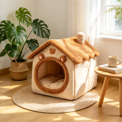 🐾 Plush Pet House Bed | Cozy Bear Design | Warm &amp; Comfortable Cat Cave